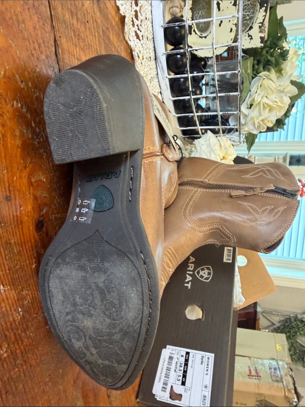 Ariat Brown Leather Western Ankle Booties with Stacked Heel - Picture 4 of 10